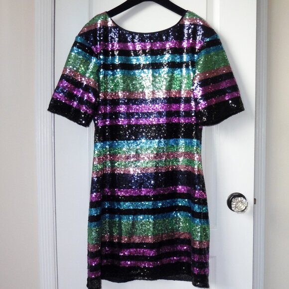 Laundry by Shelli Segal LA Colorful Sequin Stripe Shirt Dress Size 14 - Picture 1 of 5
